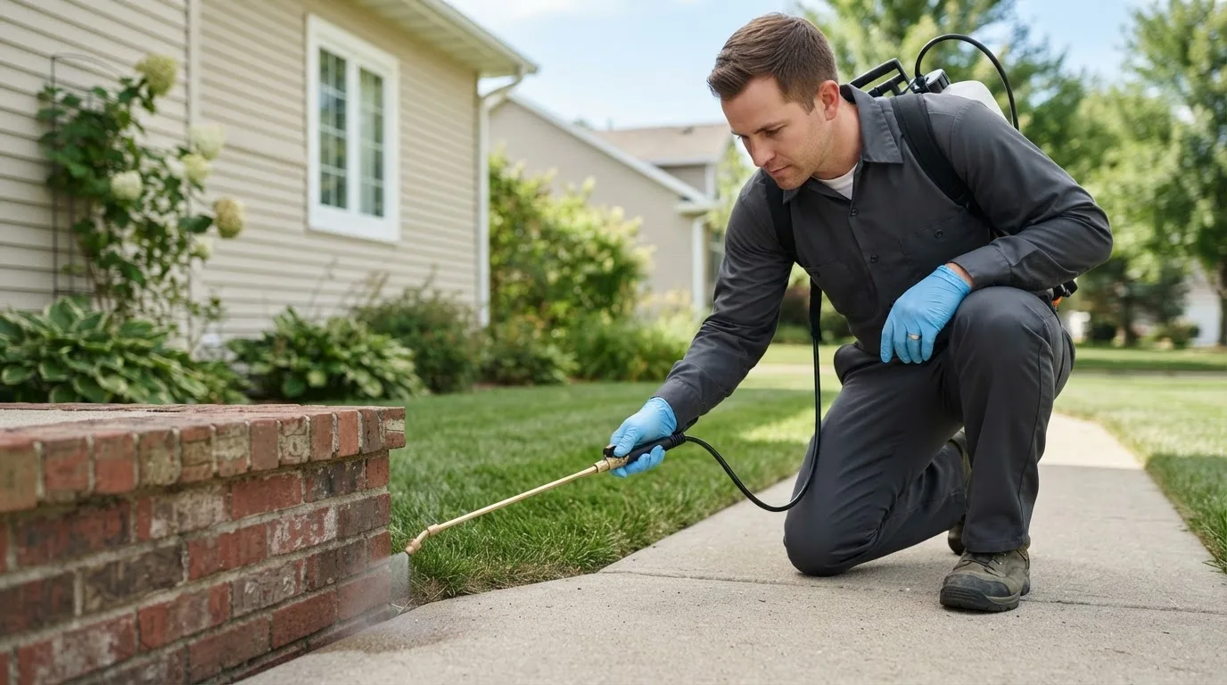 Pest control technician treating a home near Frazeysburg, OH