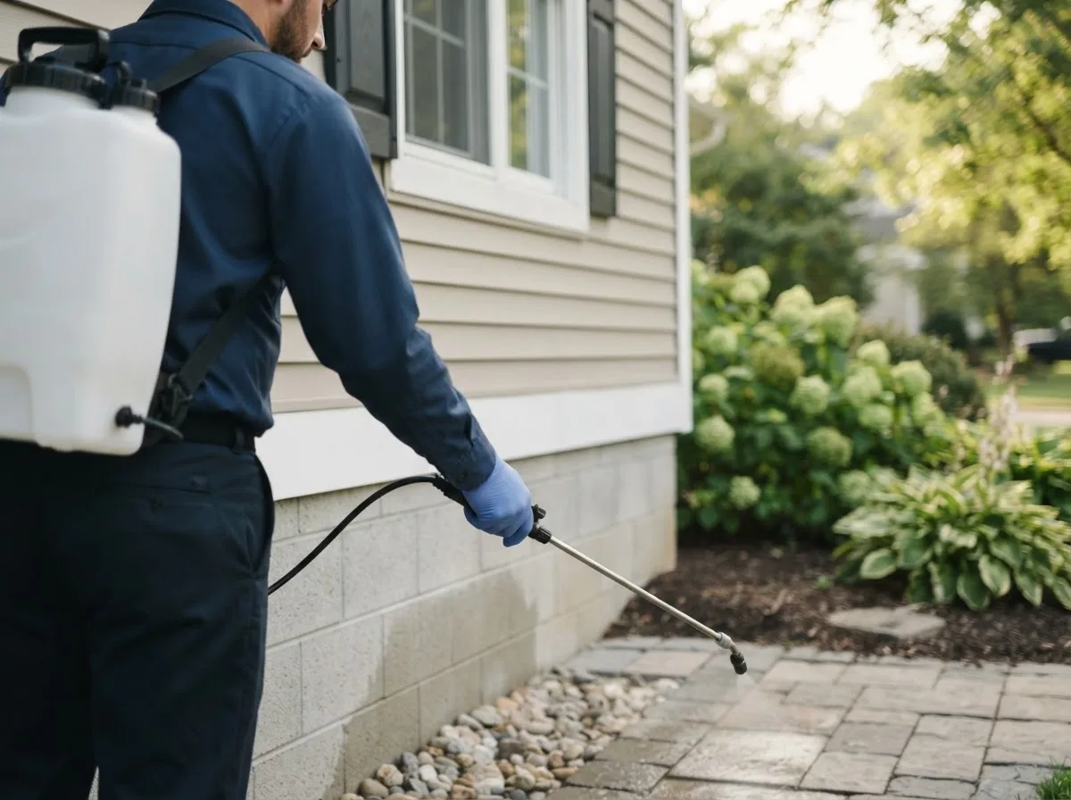 Pest control technician inspecting a home in Frazeysburg, OH
